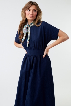 Womens navy dolman sleeve waistband modest dress
